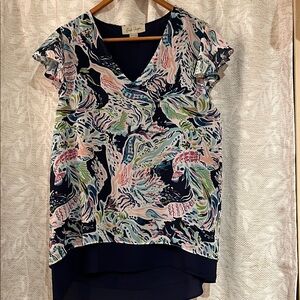 Charlie Paige Asymmetrical Flutter Sleeve Blouse Pink and Green